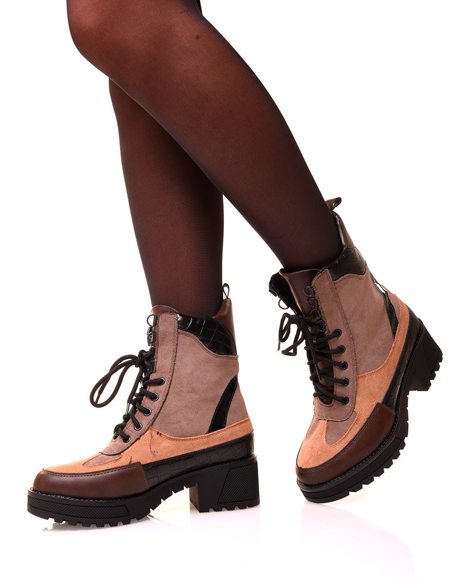 Bottines montantes camel bi-matières