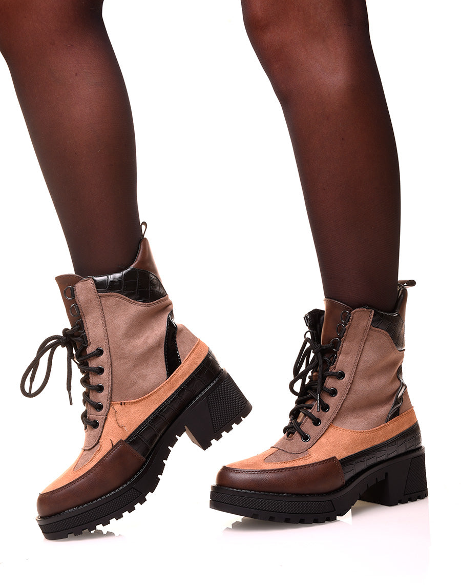 Bottines montantes camel bi-matières
