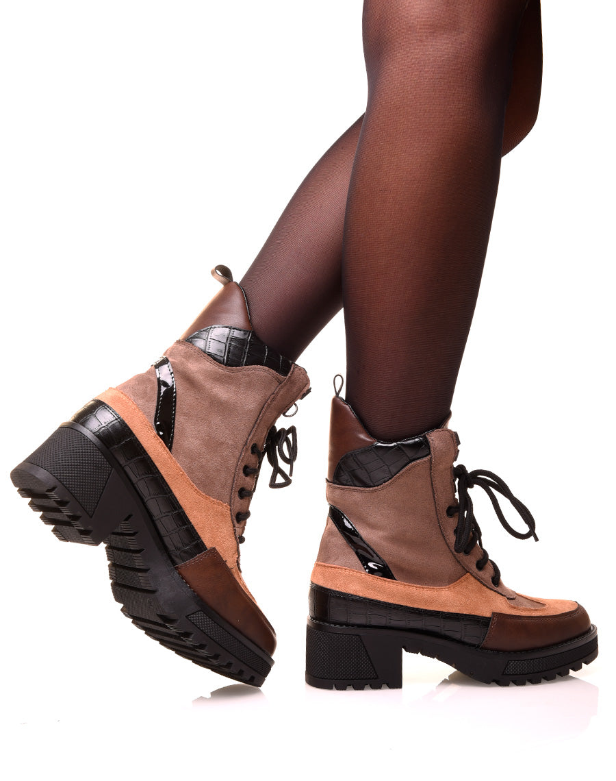 Bottines montantes camel bi-matières