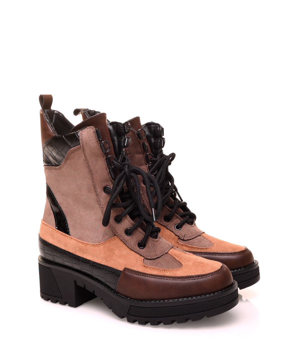 Bottines montantes camel bi-matières
