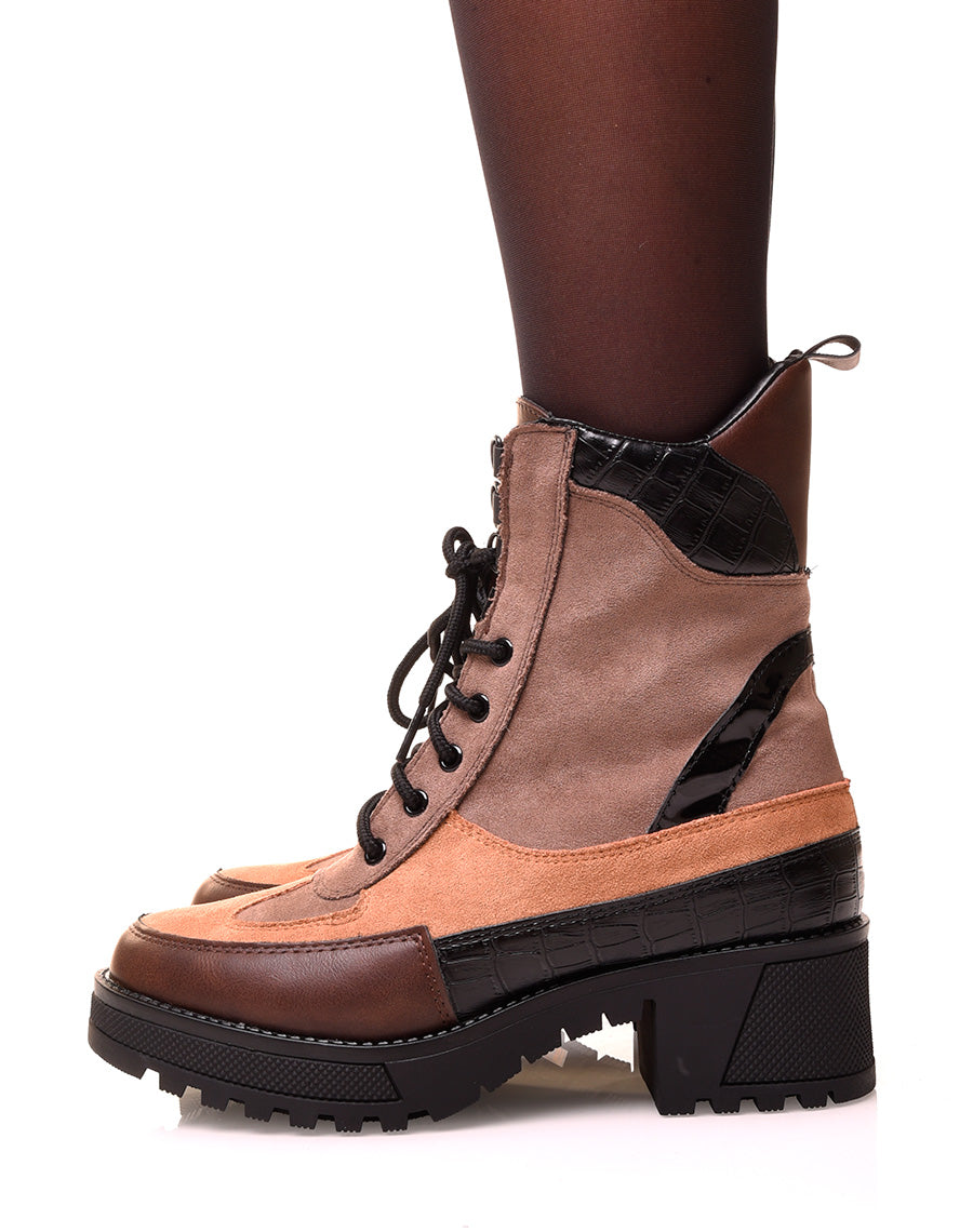 Bottines montantes camel bi-matières