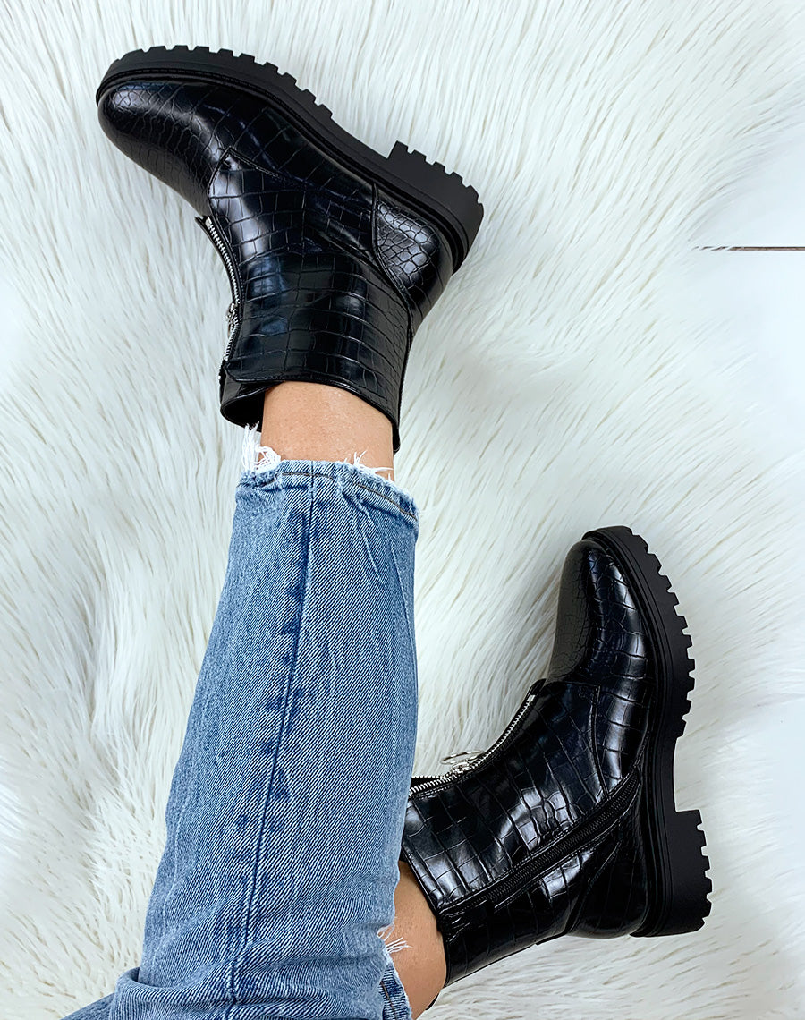Bottines montantes effet croco noir à zip