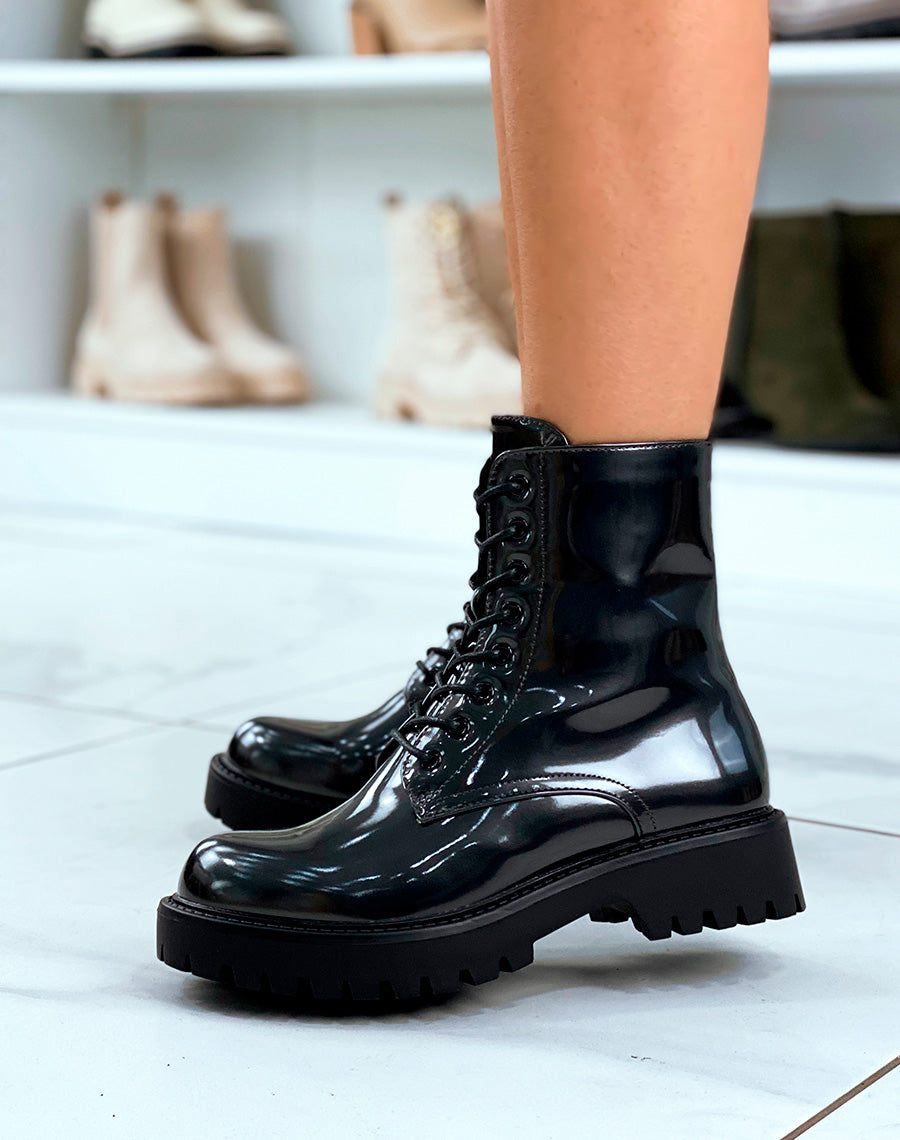 BOTTINES MONTANTES GRIS FONCÉ PAILLETÉES À LACET AVEC SEMELLE CRANTÉE