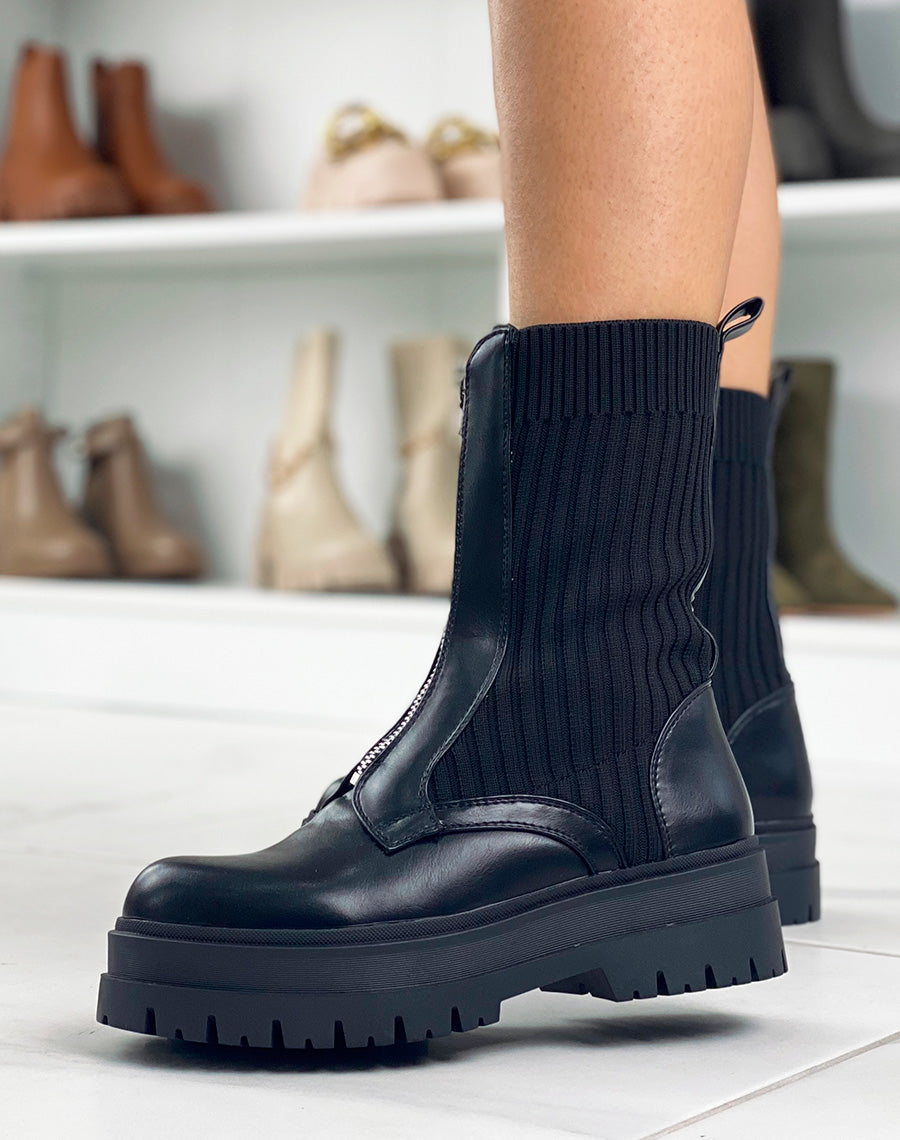 Bottines montantes noires bi-matière à zip argenté