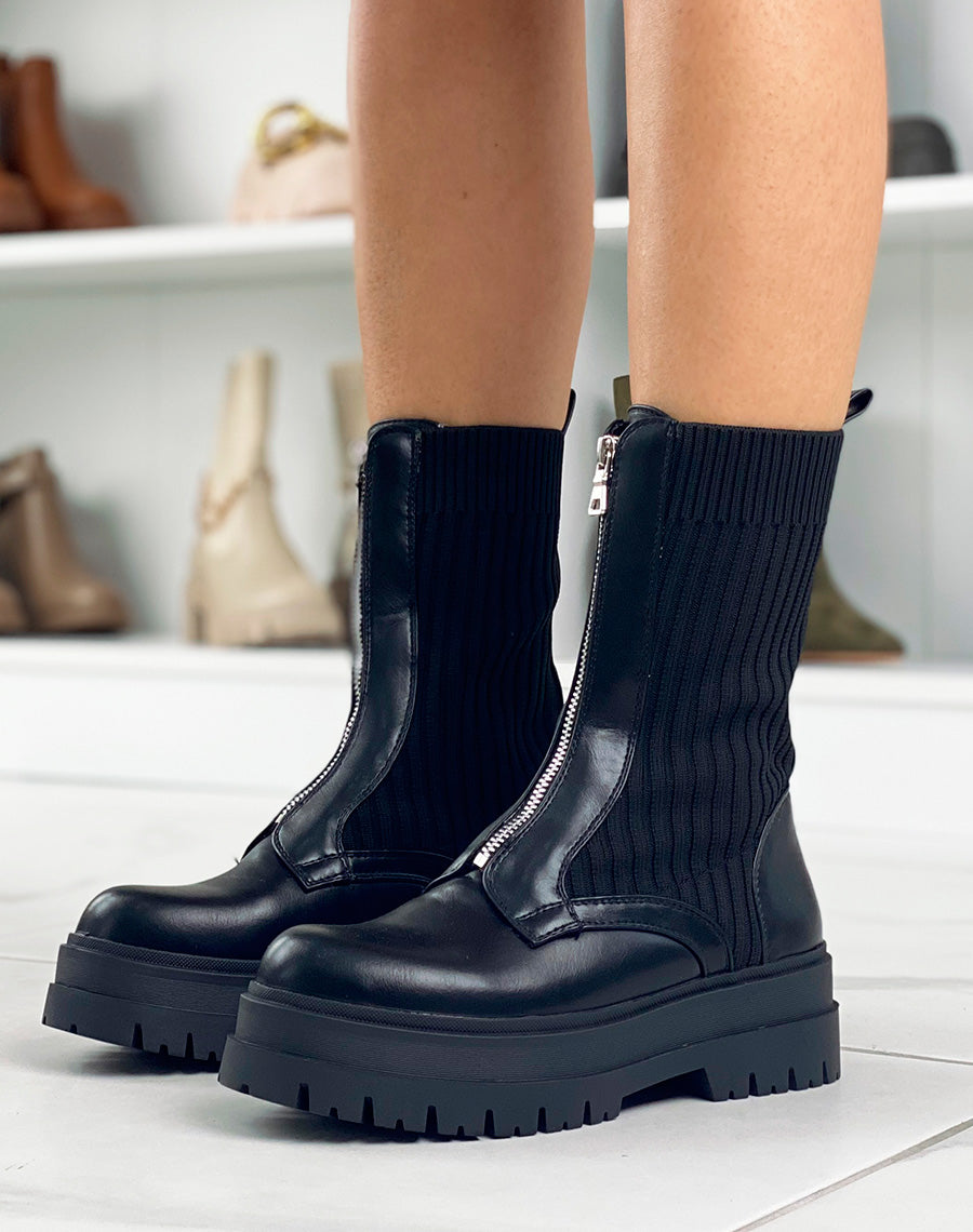 Bottines montantes noires bi-matière à zip argenté