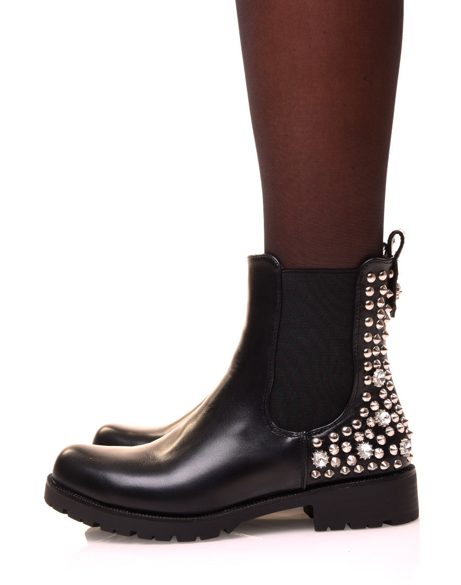 Bottines montantes noires à clous et strass
