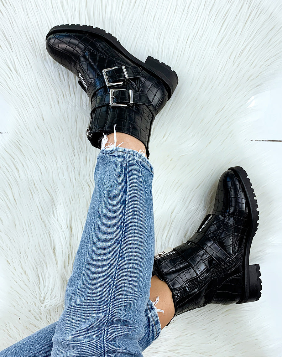 Bottines montantes noires effet croco