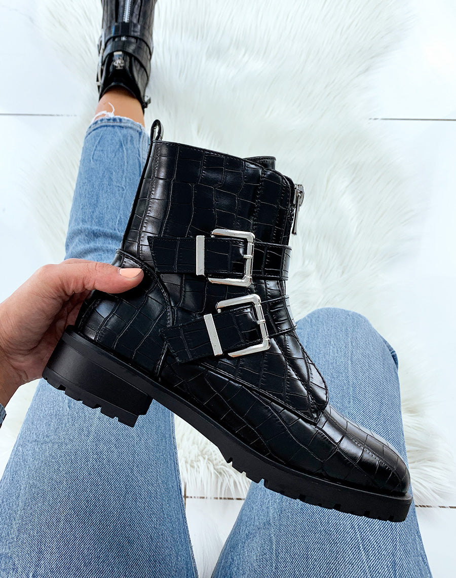Bottines montantes noires effet croco