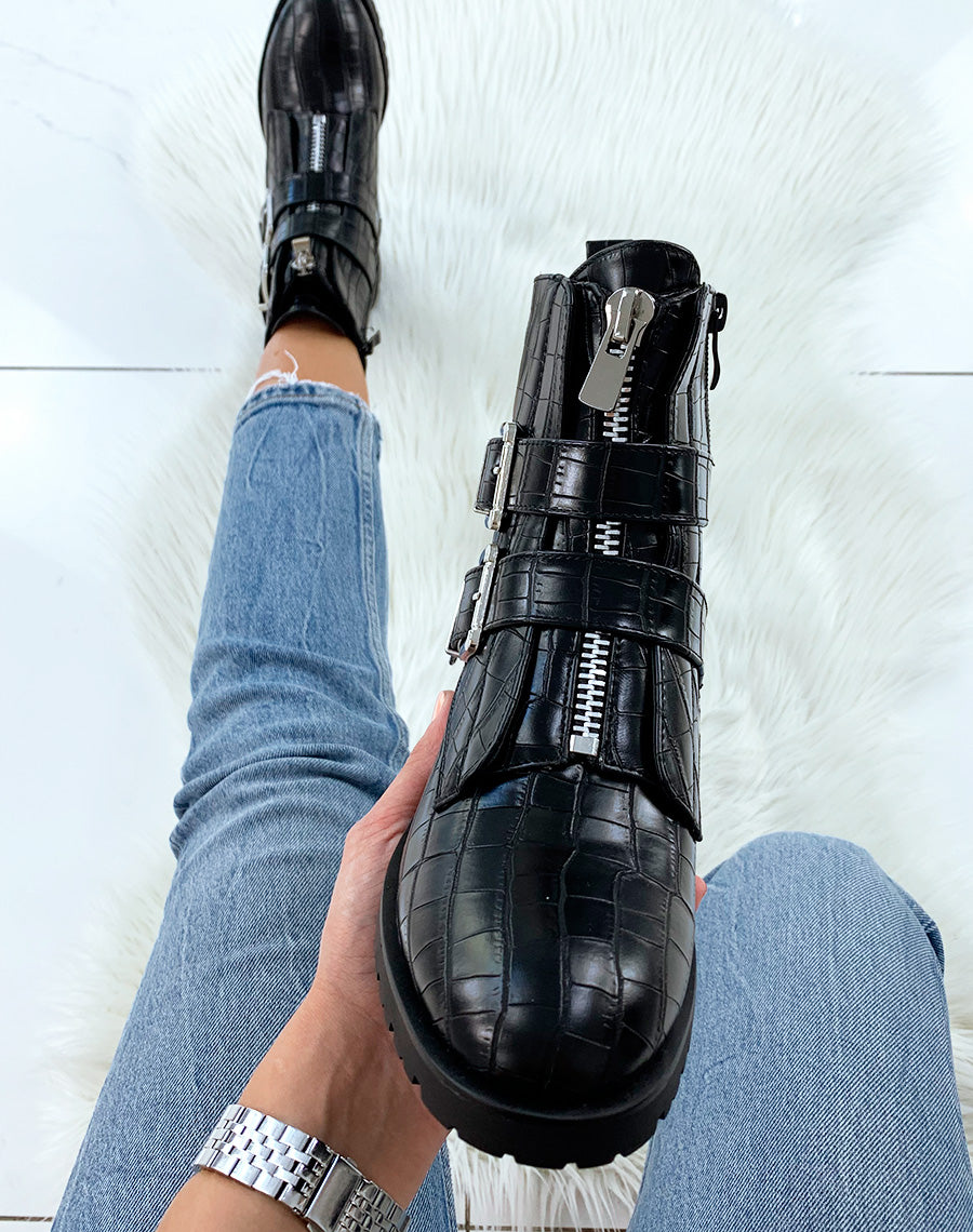 Bottines montantes noires effet croco