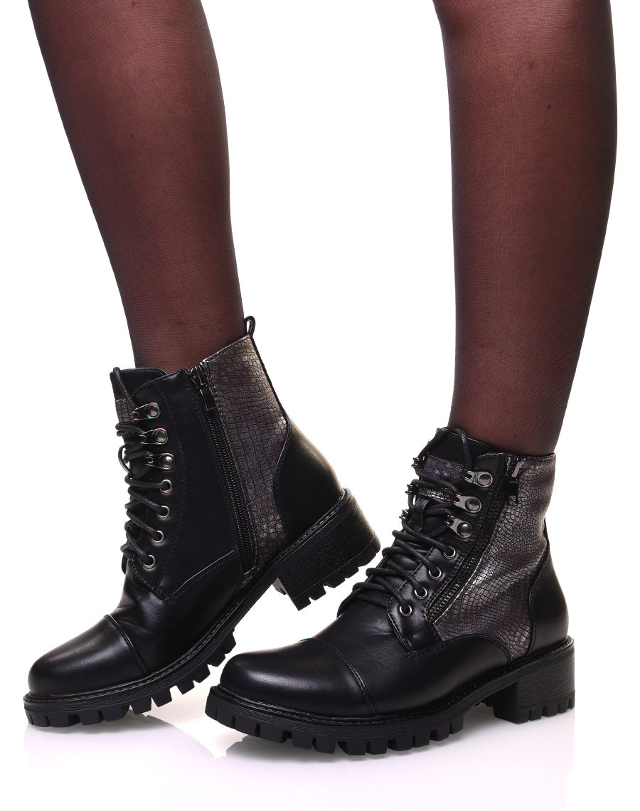 Bottines montantes noires à lacets et effet croco argenté