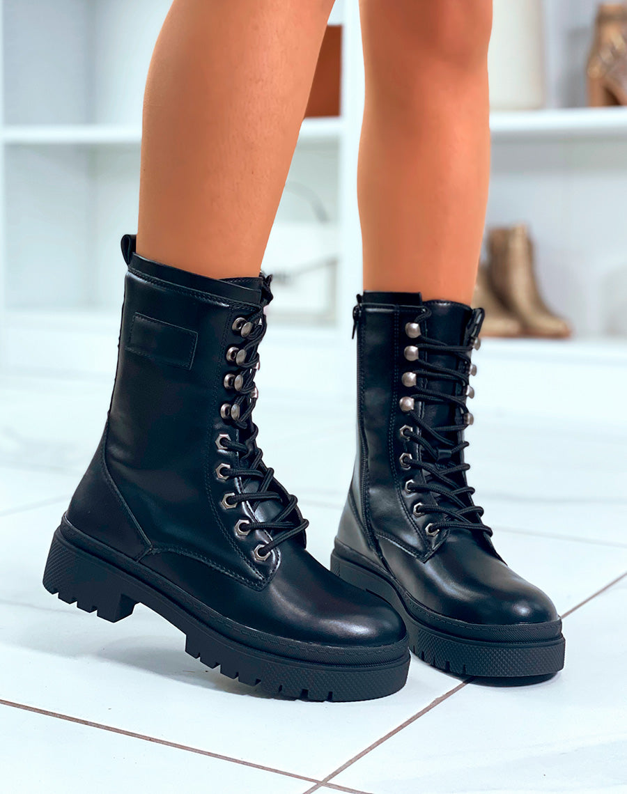 BOTTINES MONTANTES NOIRES LISSE ? LACETS AVEC SEMELLE CRANT?E