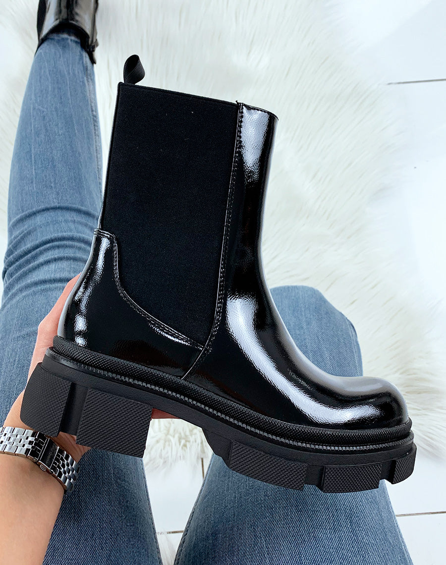 Bottines montantes noires satinées à semelle épaisse