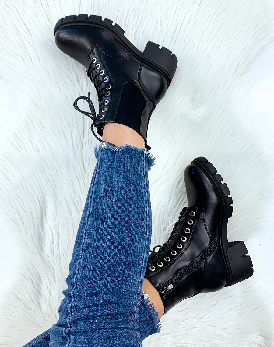 Bottines montantes noires à talon mi-haut