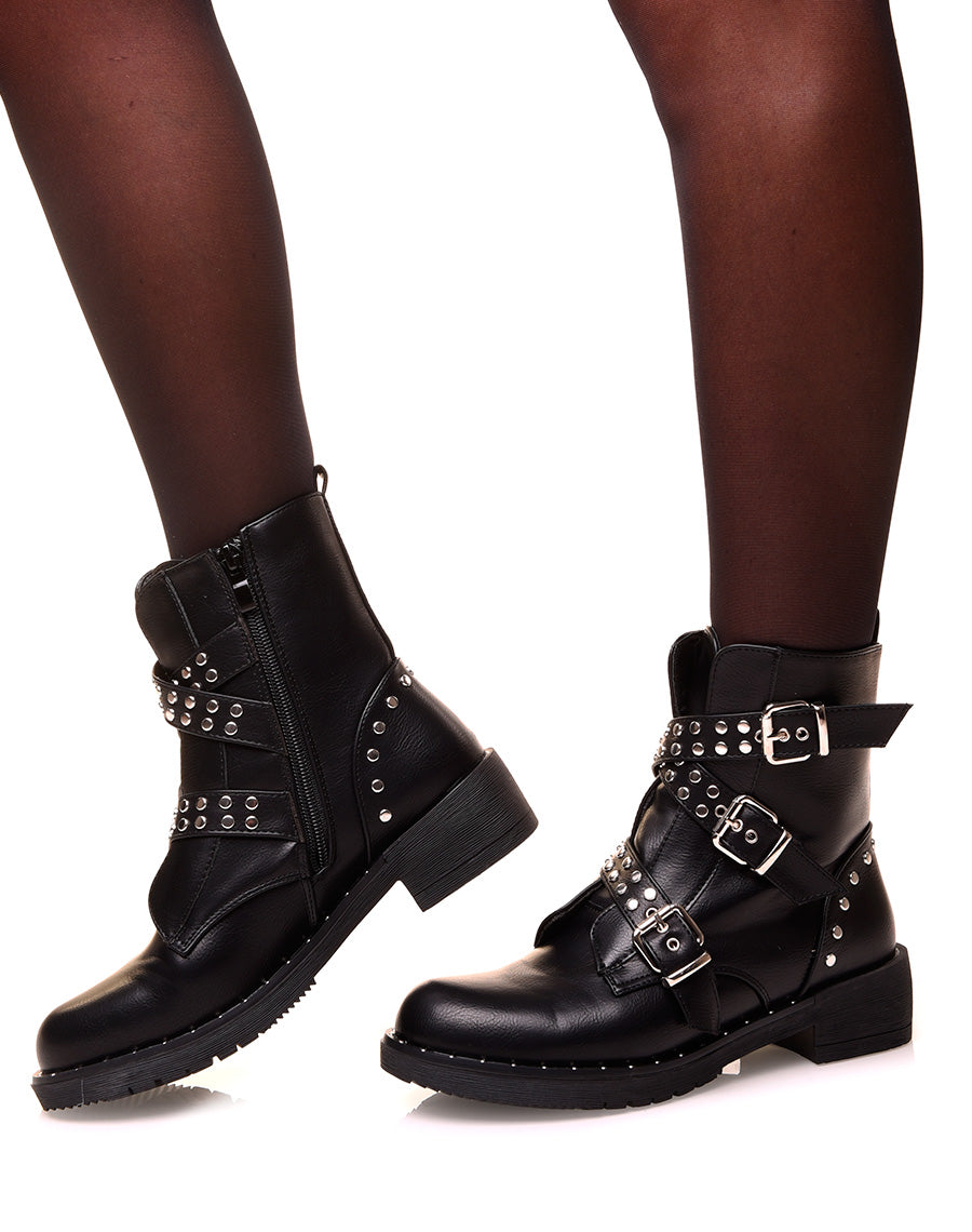 Bottines montantes noires à triples sangles cloutées
