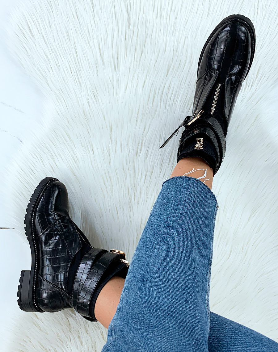 Bottines montantes vernis noires avec sangle
