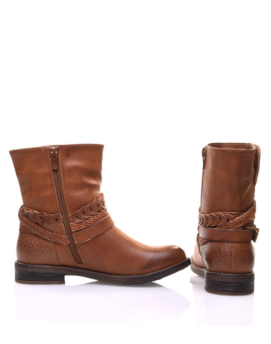 Bottines motardes camel à lanières tressées