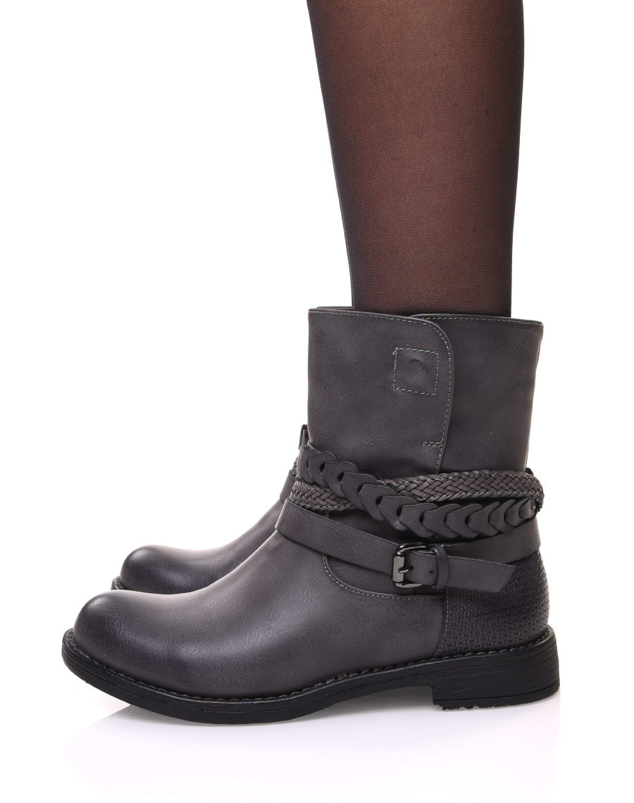 Bottines motardes grises à lanières tressées