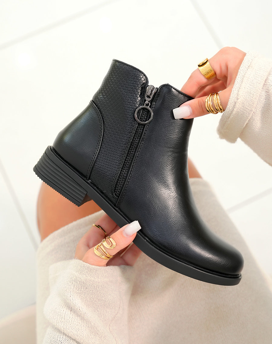 Bottines noire Bi-Matière : Effet serpent pour femme