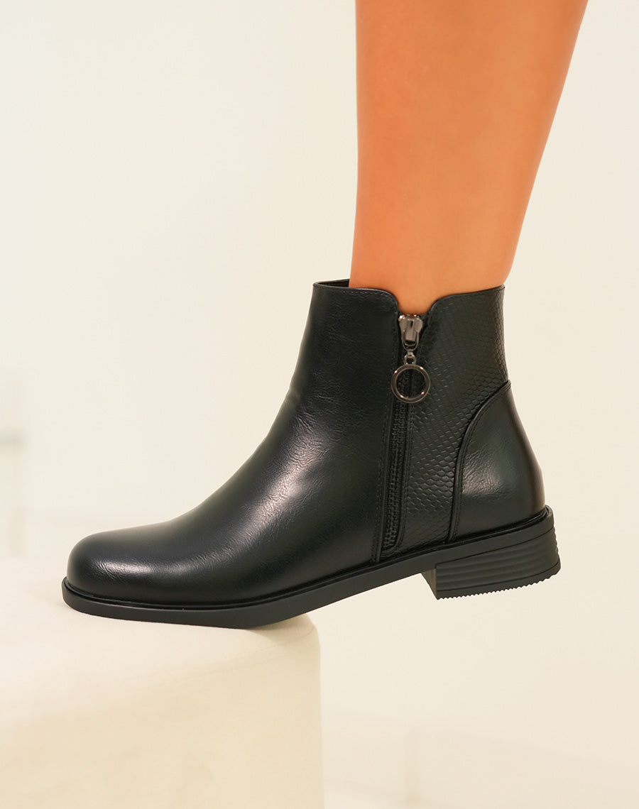 Bottines noire Bi-Matière : Effet serpent pour femme