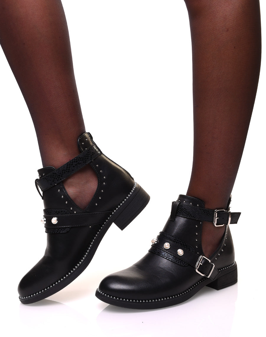 Bottines noires ajourées à sangles effet python