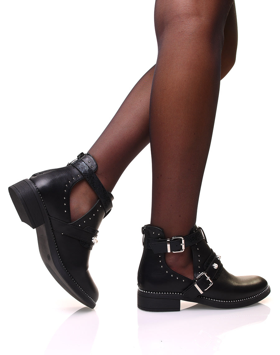 Bottines noires ajourées à sangles effet python