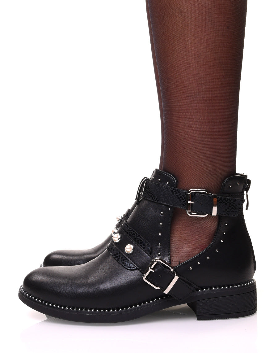 Bottines noires ajourées à sangles effet python