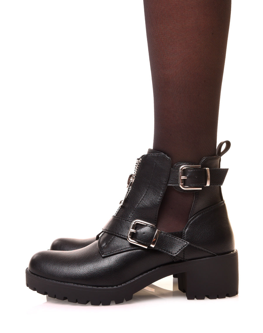 Bottines noires ajourées à sangles et fermetures éclaires