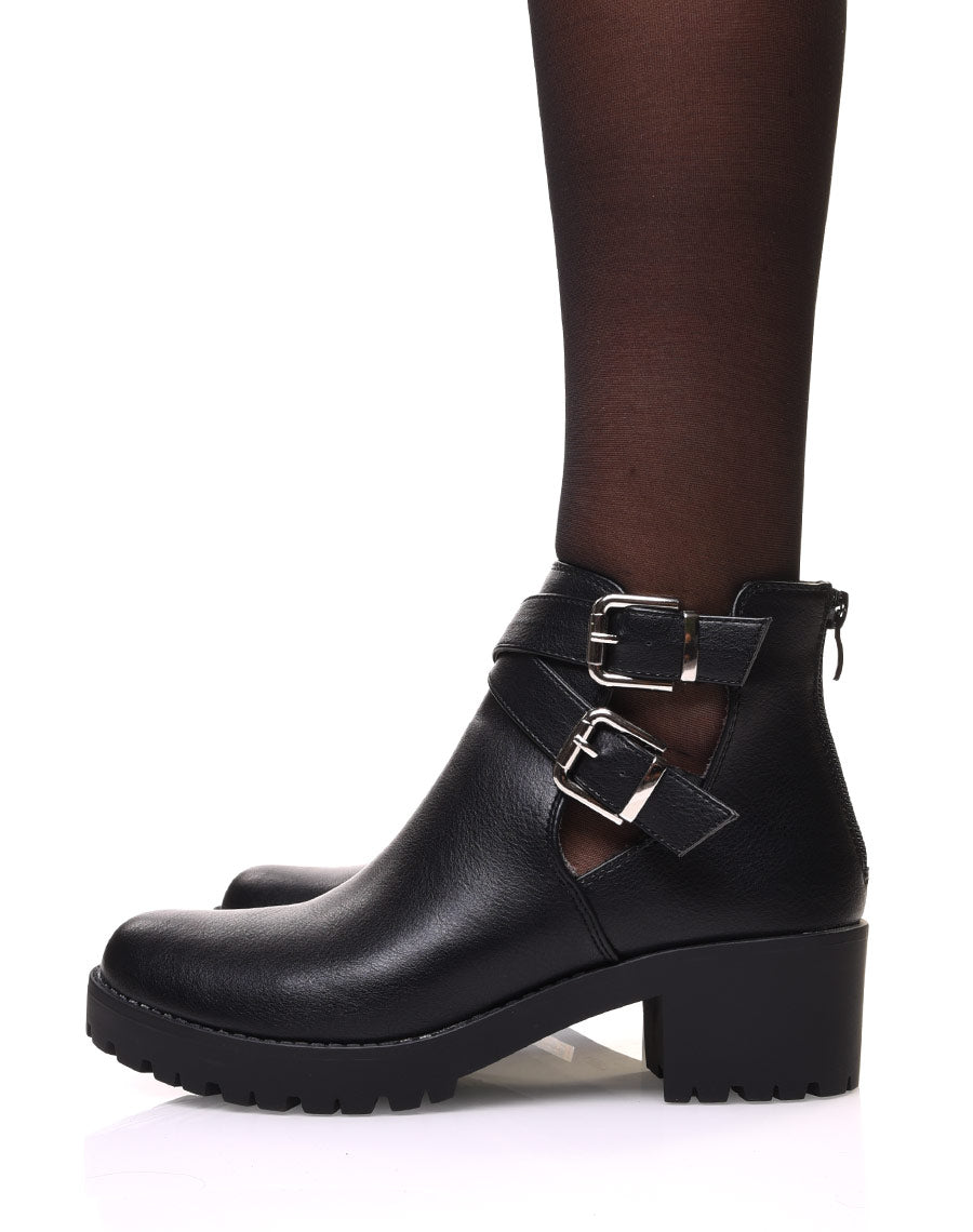 Bottines noires ajourées à talon et semelle crantée