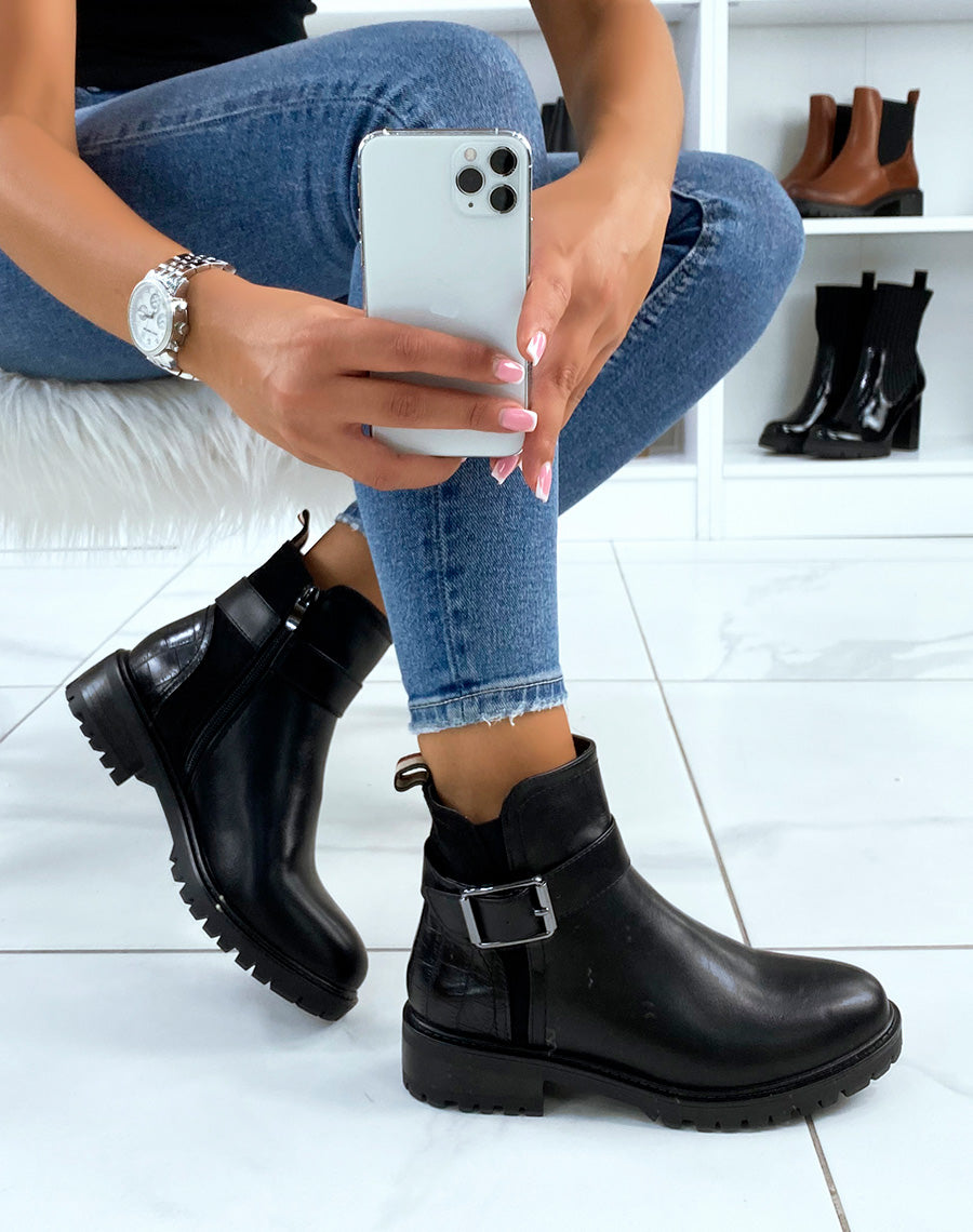 Bottines noires avec élastique échancré et effet croco