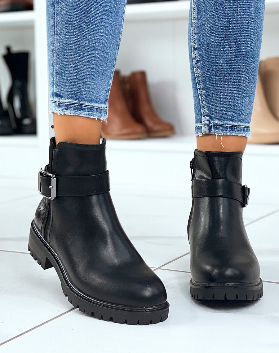Bottines noires avec élastique échancré et effet croco