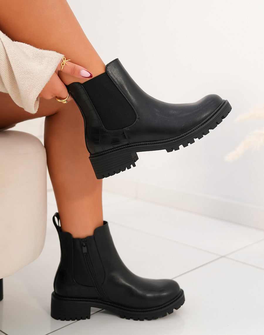 Bottines noires basses avec effet croco