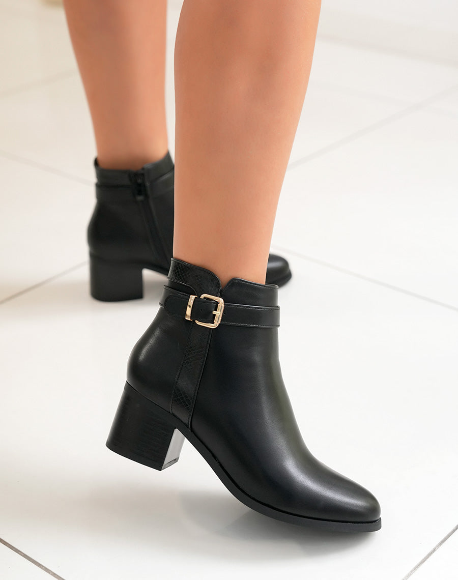 Bottines Noires Bi-Matière avec Sangle Dorée - Confort et Raffinement