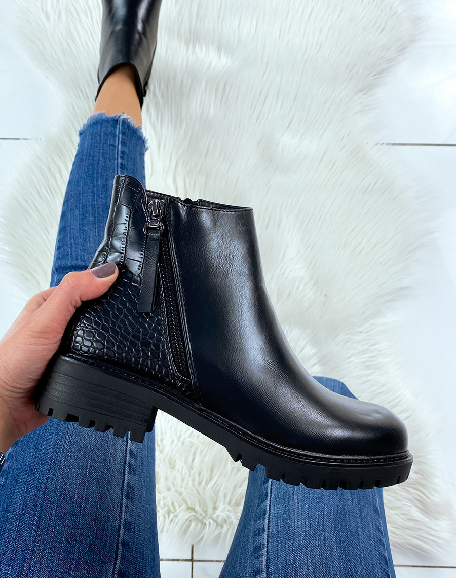 Bottines noires bi-matière effet croco