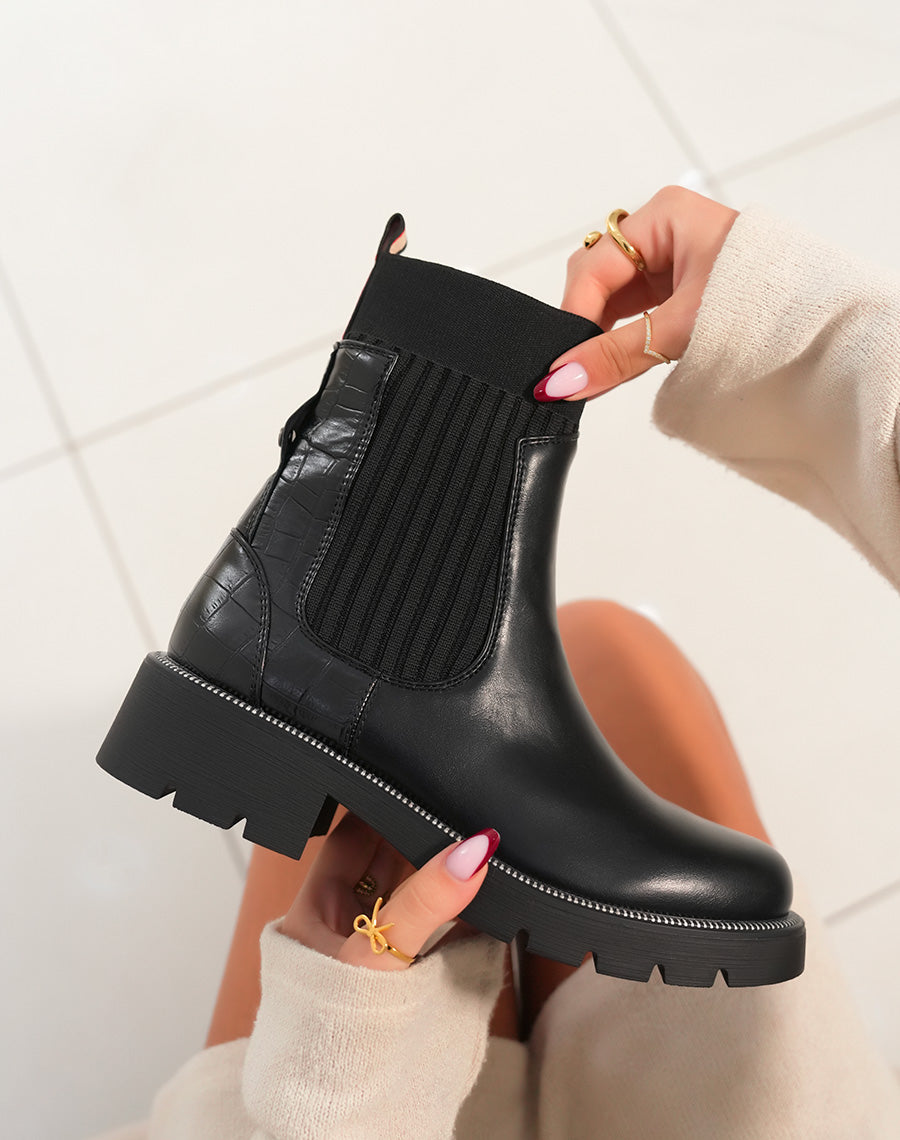 Bottines noires bi-matière à effet croco et chaussette latérale