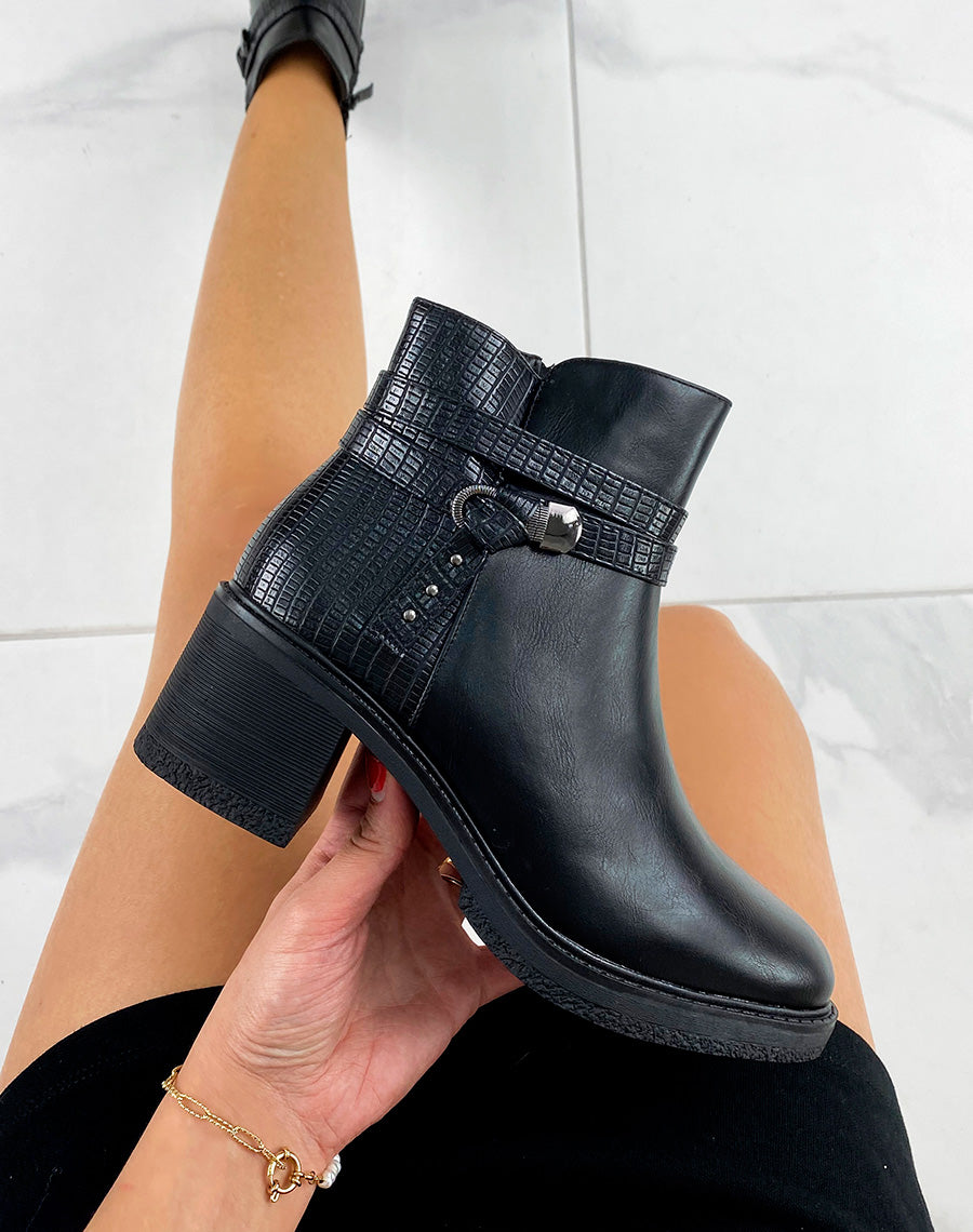 Bottines noires bi-matière à lanières et petit talon
