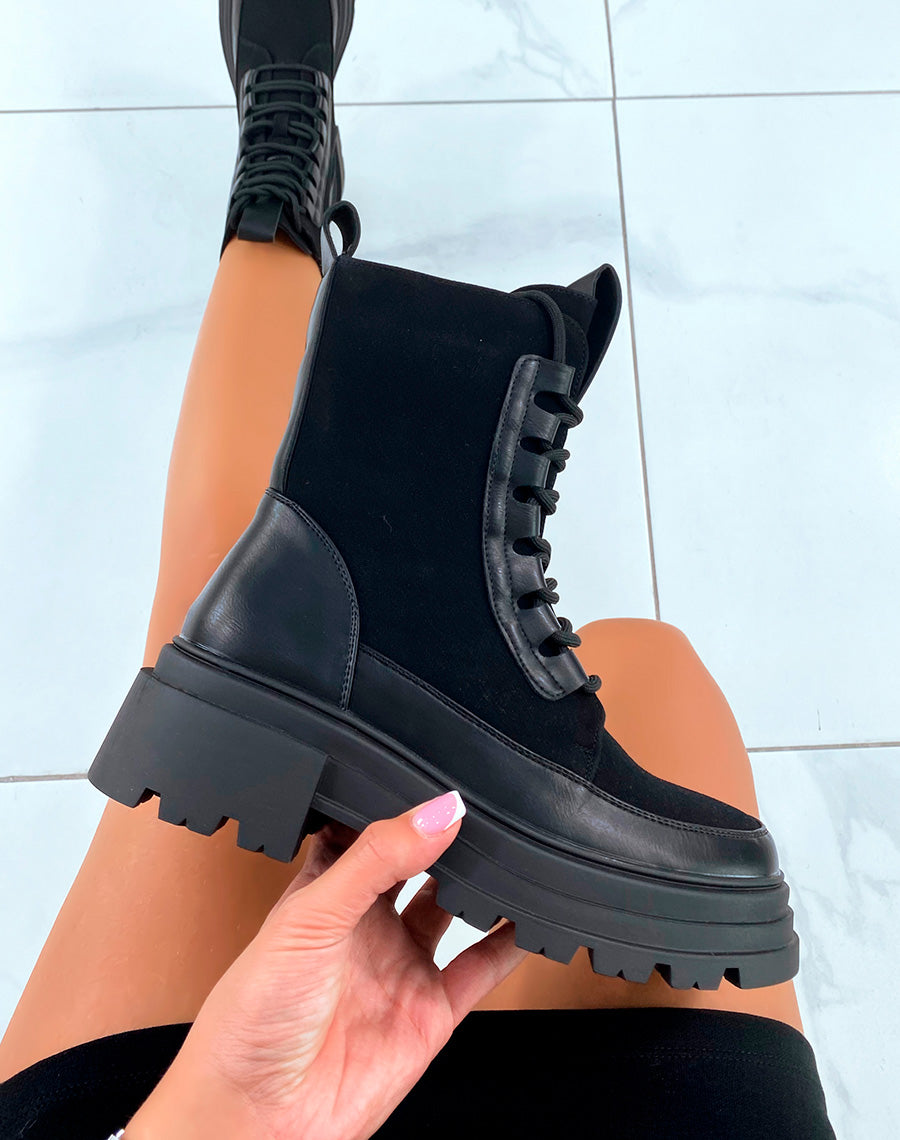 BOTTINES NOIRES BI-MATIÈRE À PLATEFORME