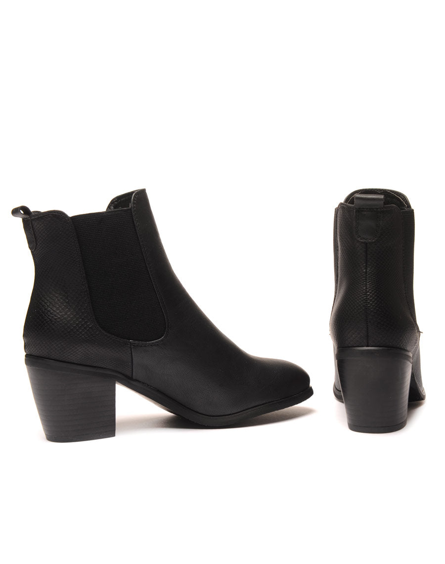 Bottines noires bi-matière python à talons