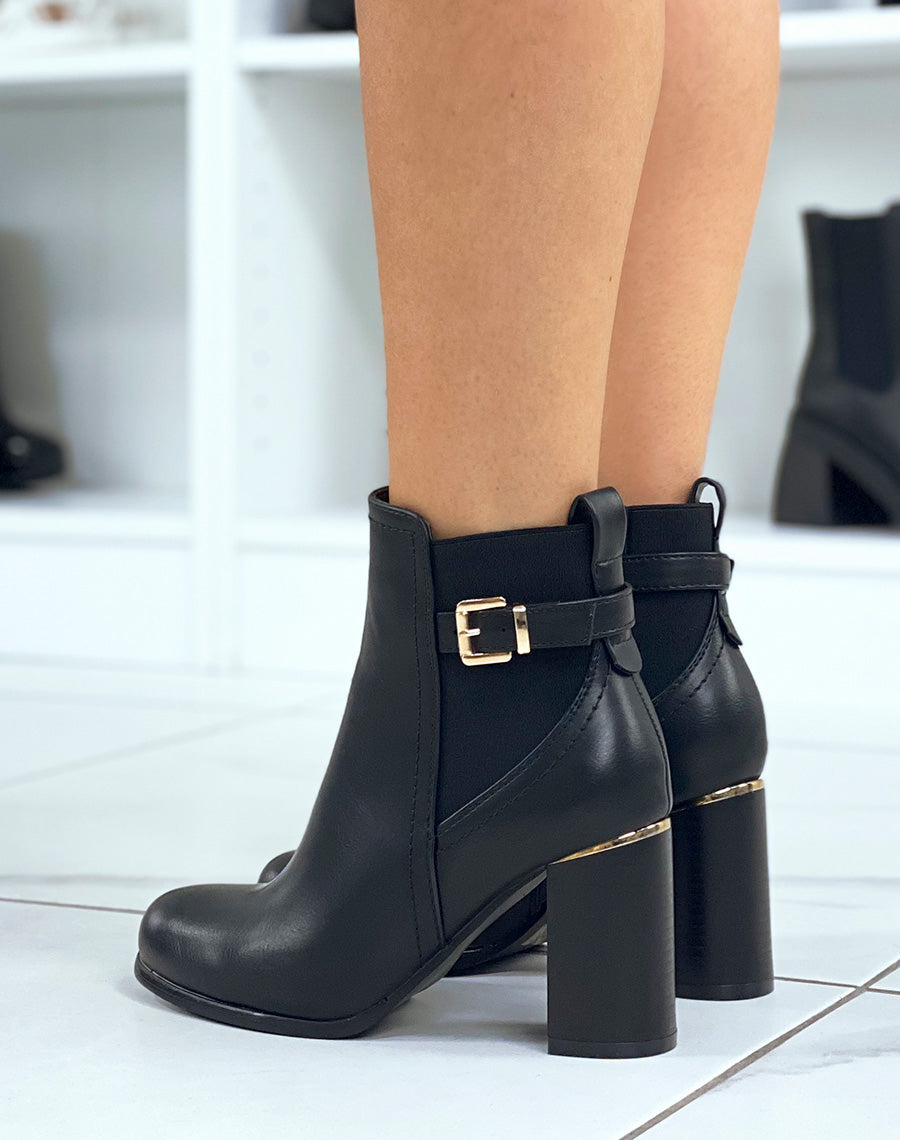 Bottines noires bi-matière à talon et à détail doré
