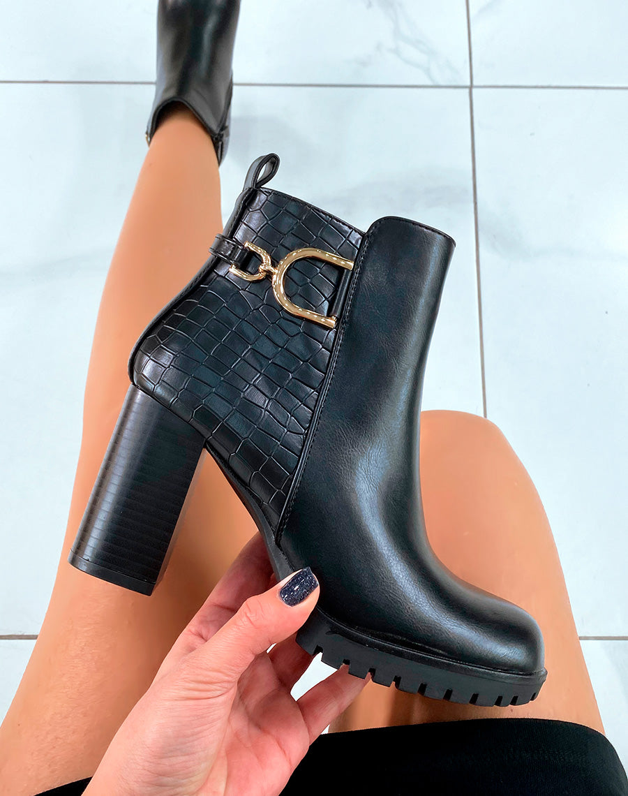 Bottines noires bi-matière à talon haut et à détails dorés