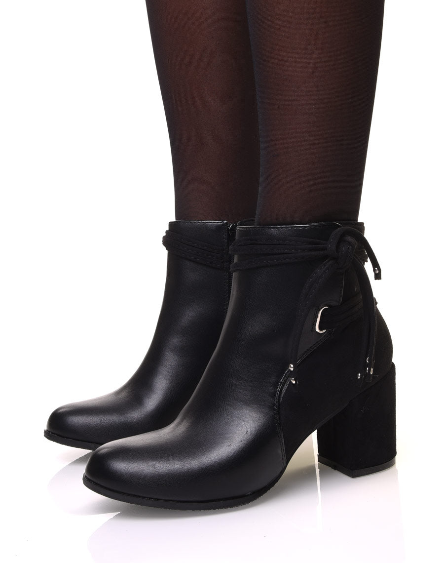 Bottines noires bi-matière à talons et détails liens