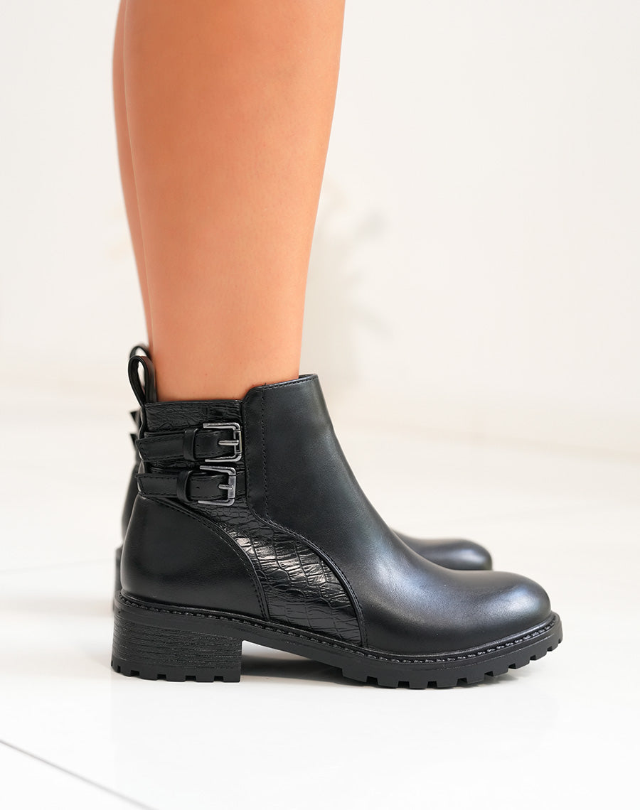 Bottines Noires Bi-Matière : Une Fusion entre Élégance et Effet Croco