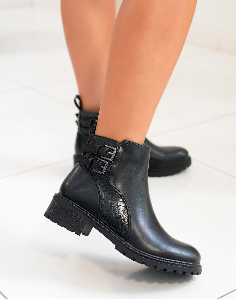 Bottines Noires Bi-Matière : Une Fusion entre Élégance et Effet Croco