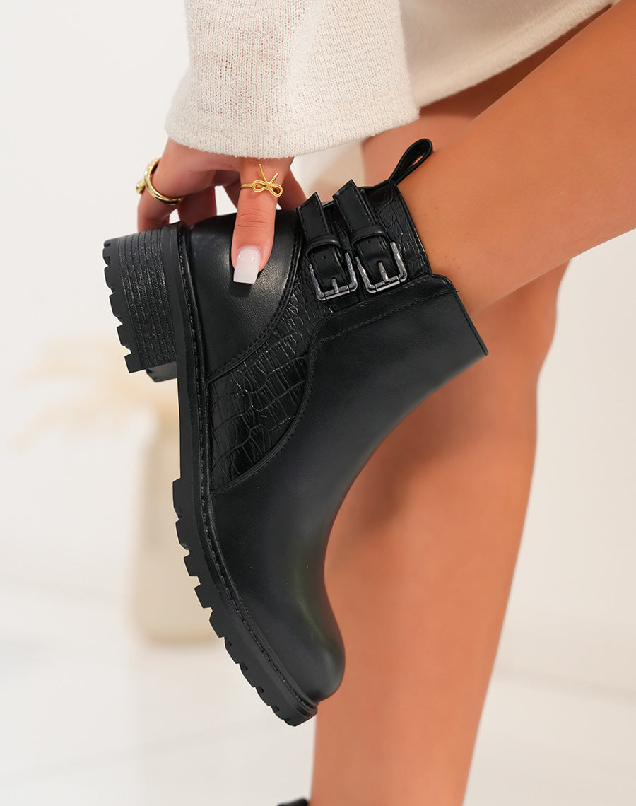 Bottines Noires Bi-Matière : Une Fusion entre Élégance et Effet Croco