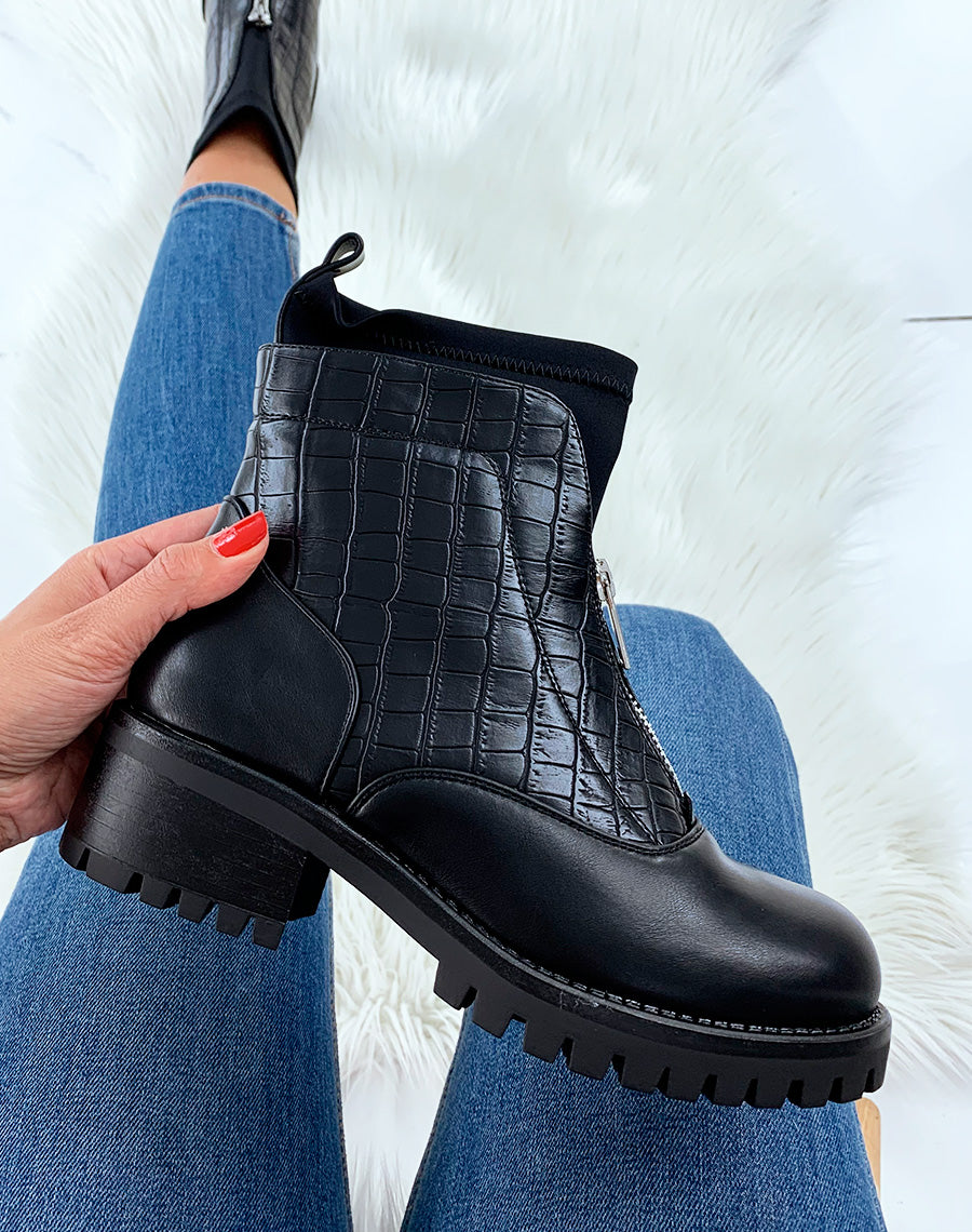 Bottines noires bi-matières effet chaussette