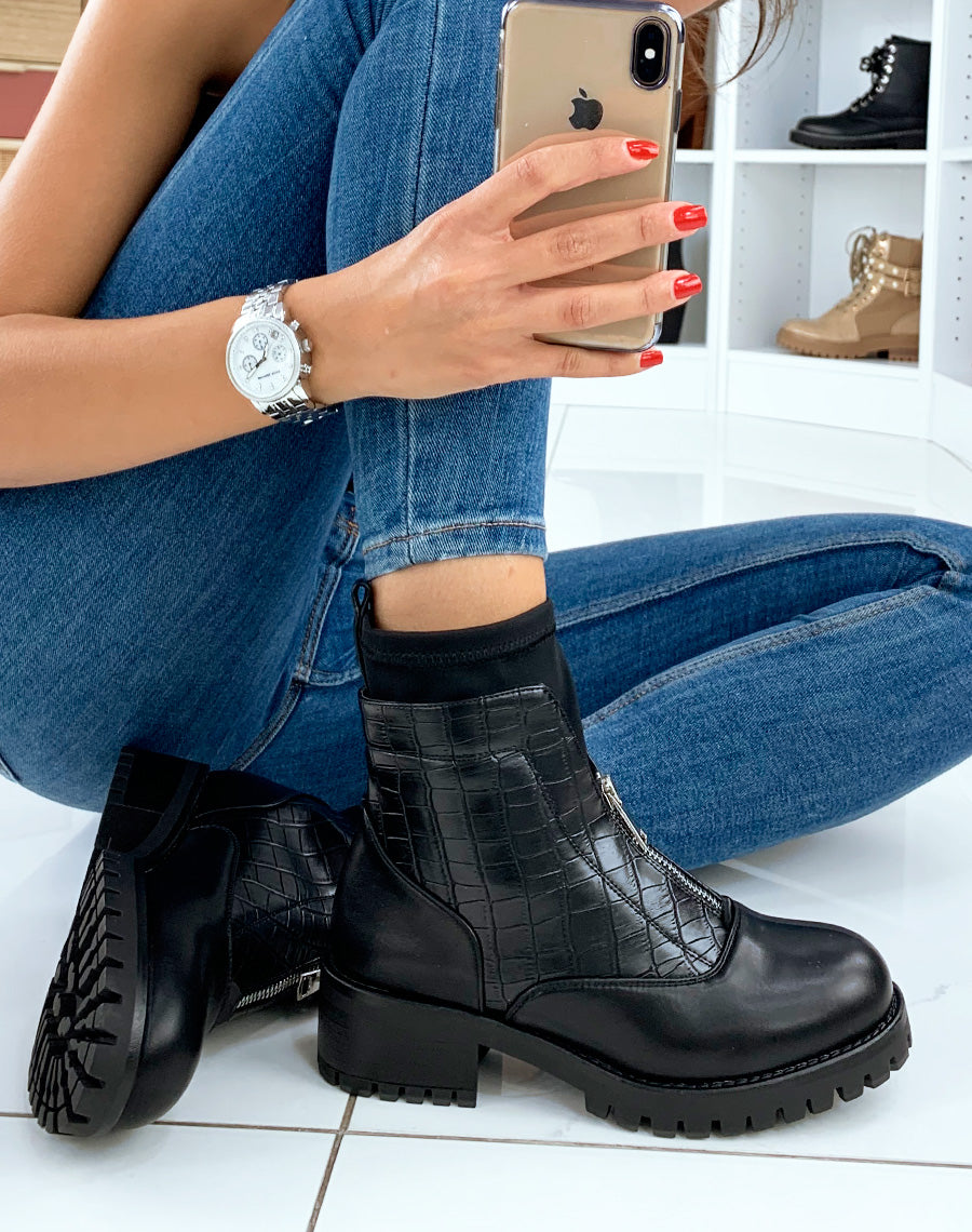 Bottines noires bi-matières effet chaussette