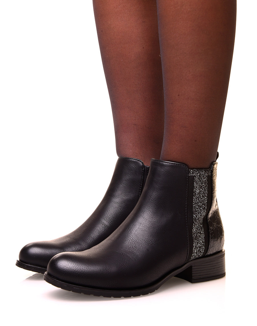 Bottines noires bi-matières effet croco