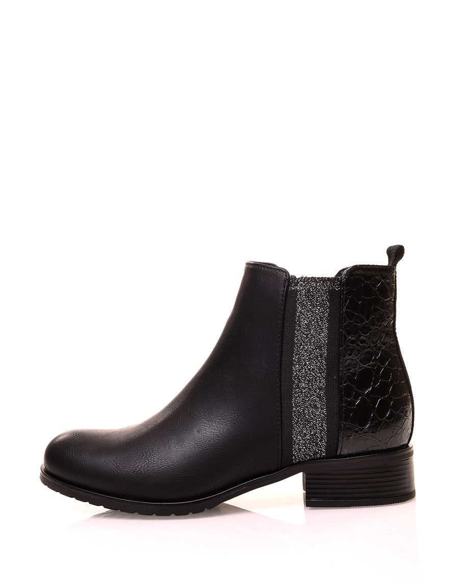 Bottines noires bi-matières effet croco
