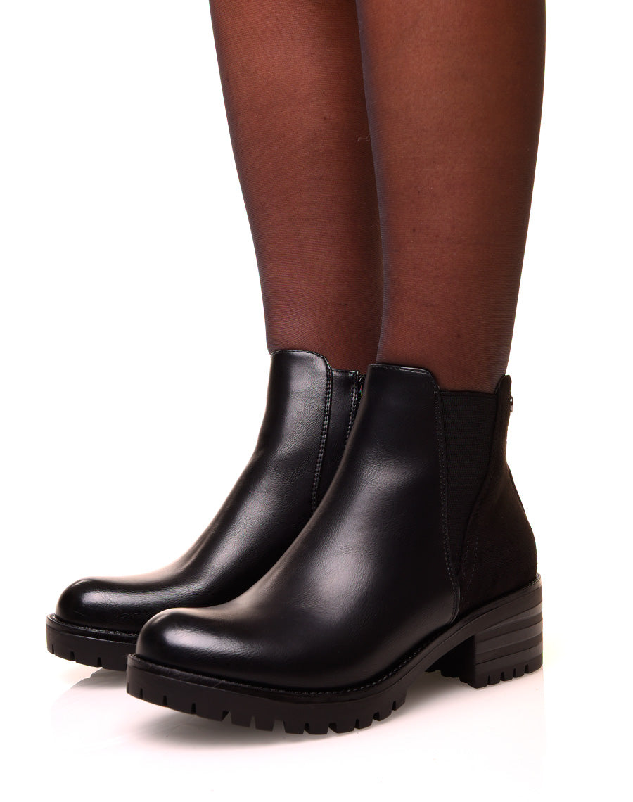 Bottines noires bi-matières effet suédine et élastique échancré