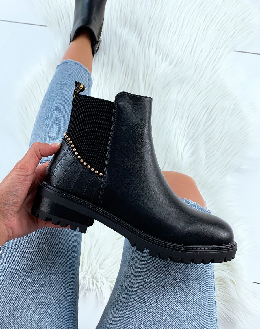 Bottines noires bi-matières à fermeture et détails clous dorés