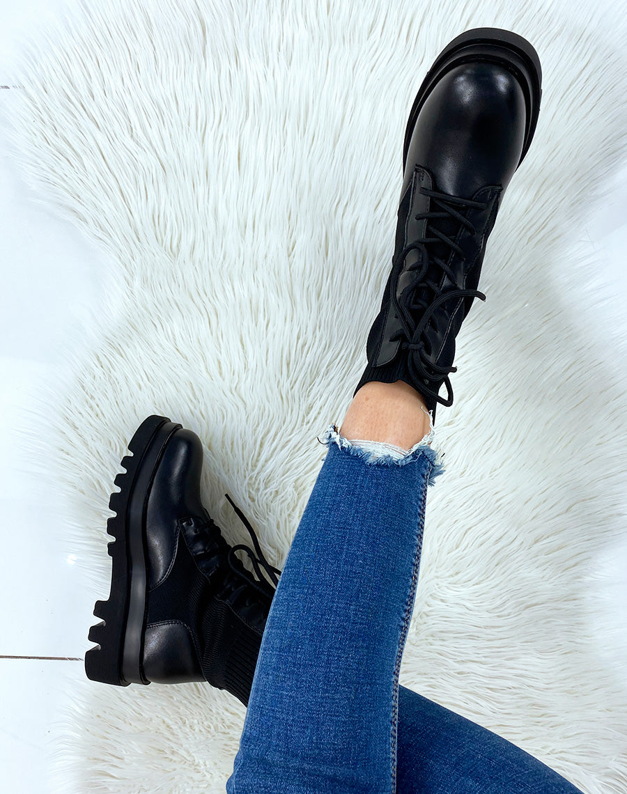 Bottines noires bi-matières à lacets